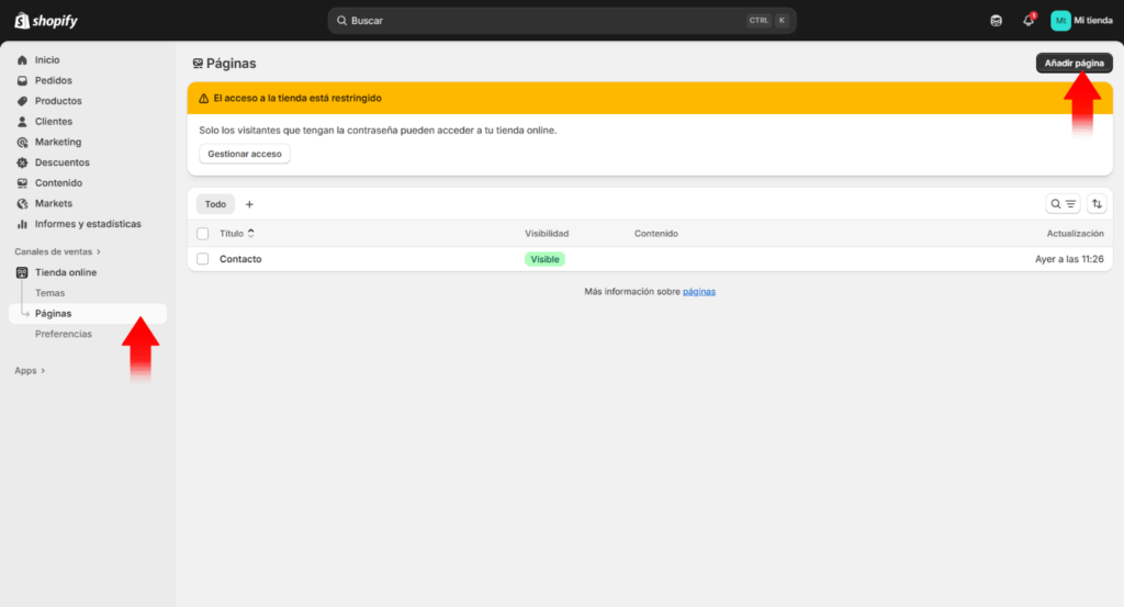 Agregar paginas en shopify