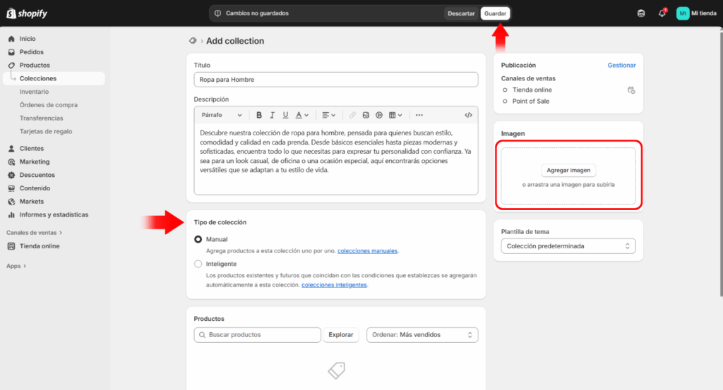 Añadir colecciones en shopify