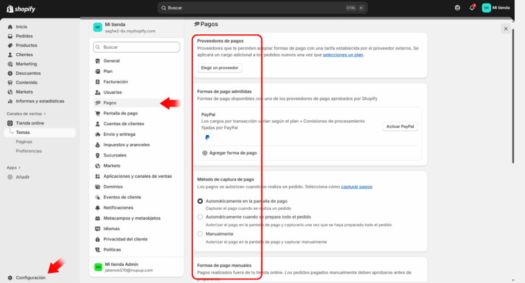 Añadir metodos de pago shopify