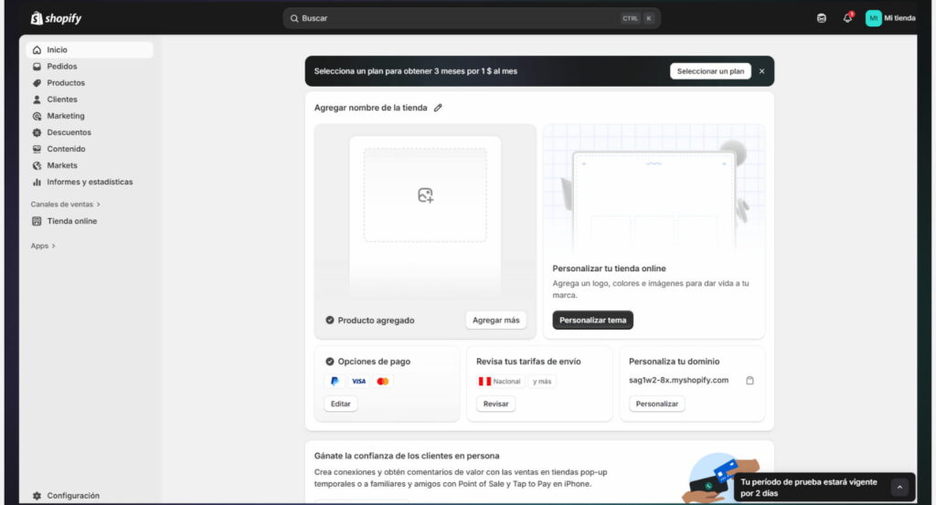 Area inicial de shopify