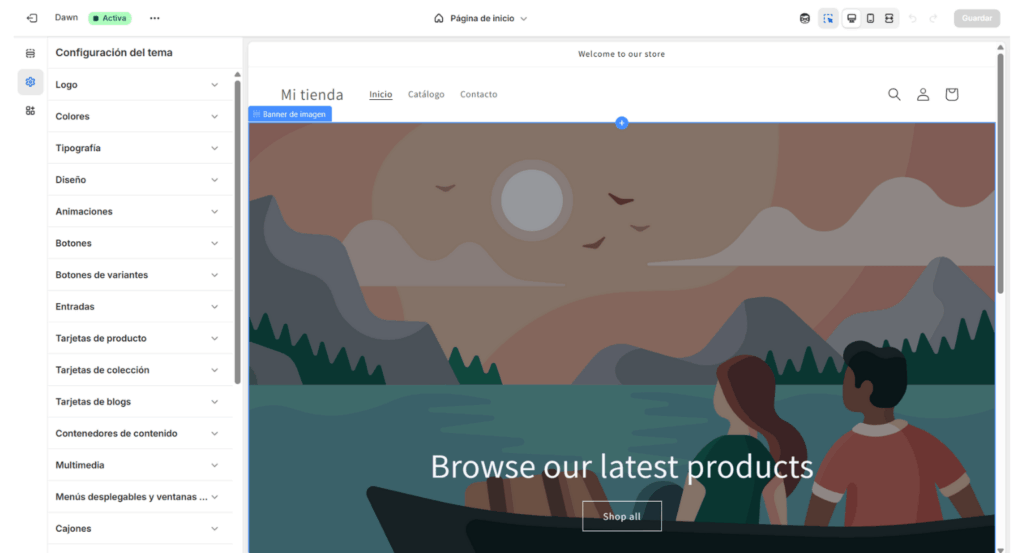 Configurar diseño tema shopify