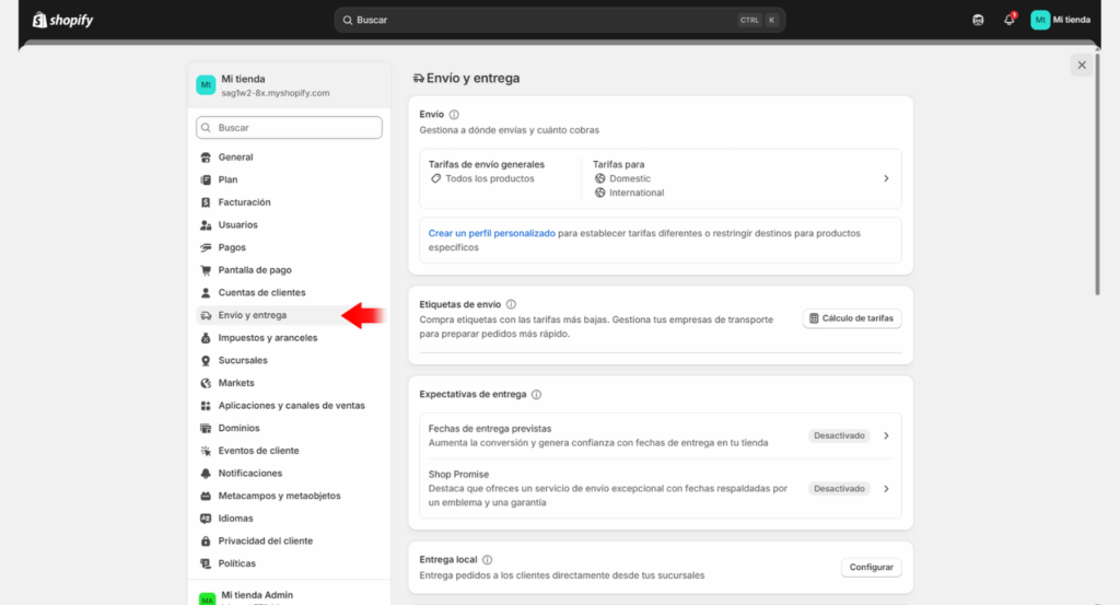 Configurar envios y entrega