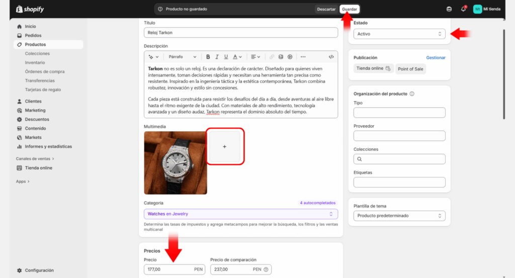 Creando el primer producto en shopify