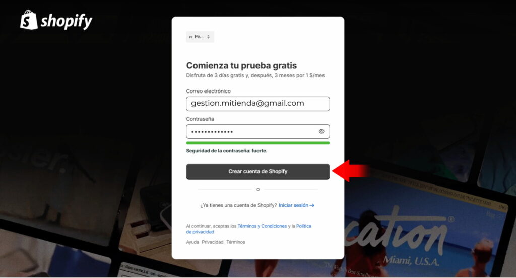 Crear una cuenta en shopify