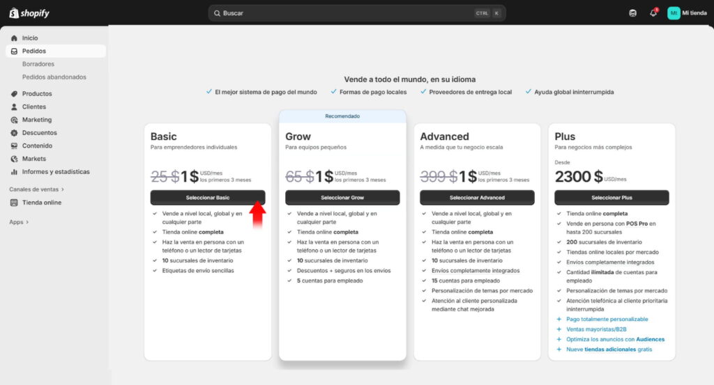 Elegir mi plan de shopify