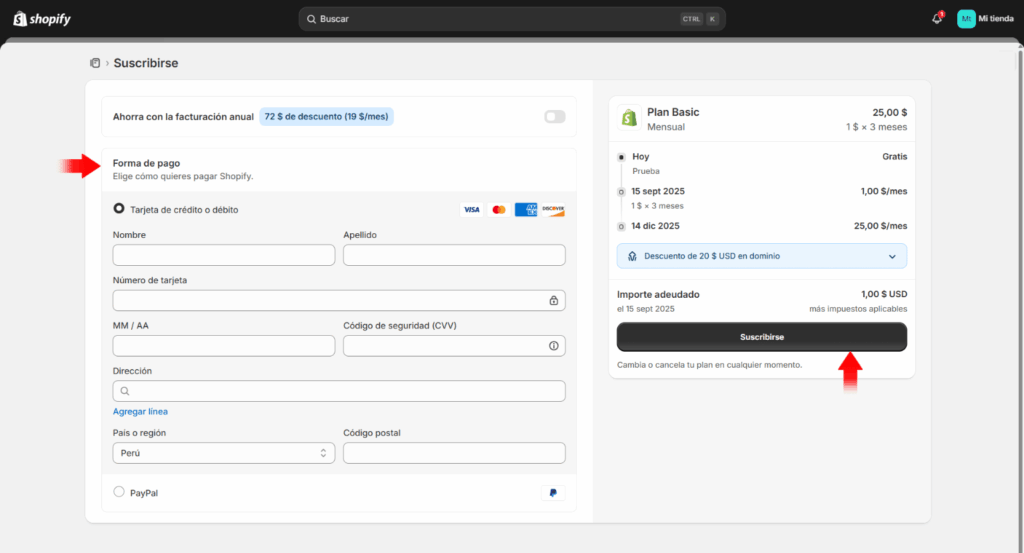 Pagar mi plan de shopify