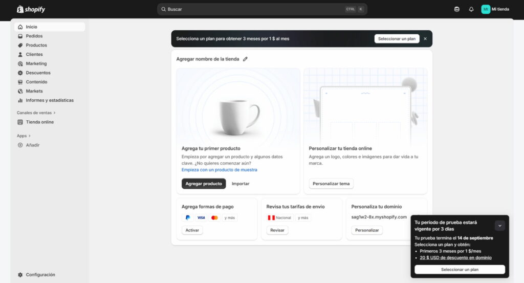 Pantalla de administracion de shopify