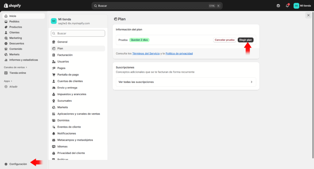 elegir Plan de shopify