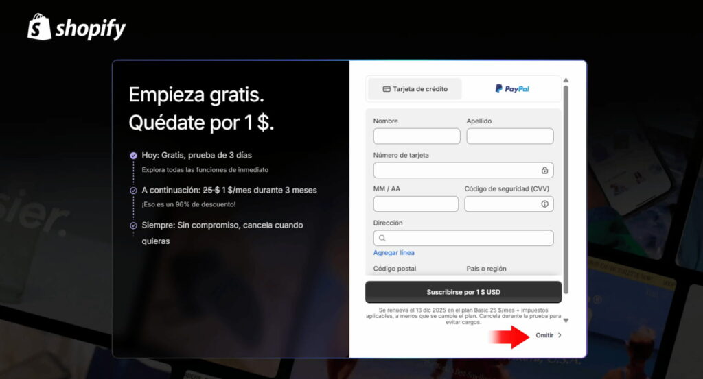 Saltar pago de suscripcion en shopify